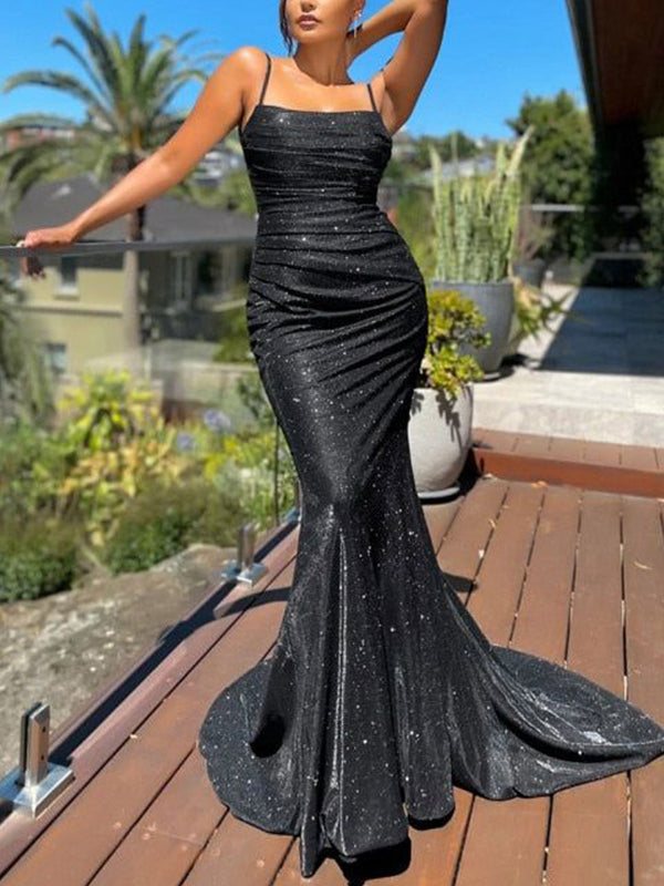 Off Shoulder Sequins Black Lace Long Prom Dresses, Spaghetti Strap Bla –  morievent